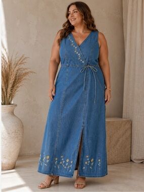 Embroidered Denim Maxi Dress 1X Cottagecore Daisy Floral Y2K Western Prairie